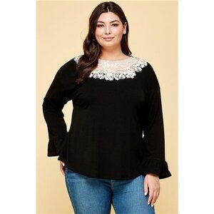 Plus Size Solid Long Sleeve Top/ Floral Lace Neckline/  Bell Sleeves- USA